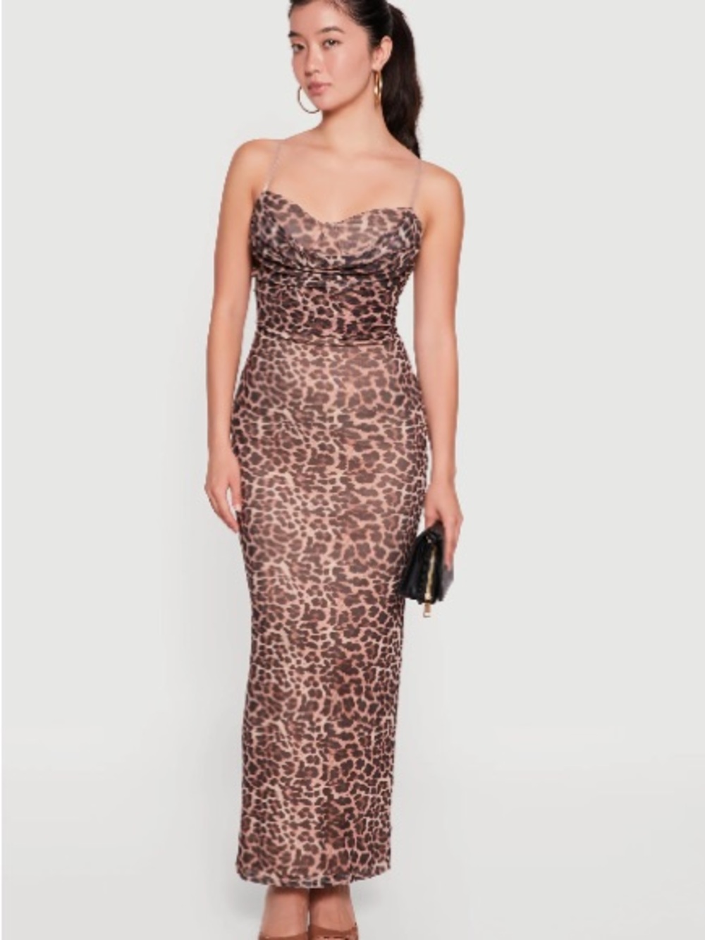 Leopard Print Cowl Neck Slip Dress - Brown